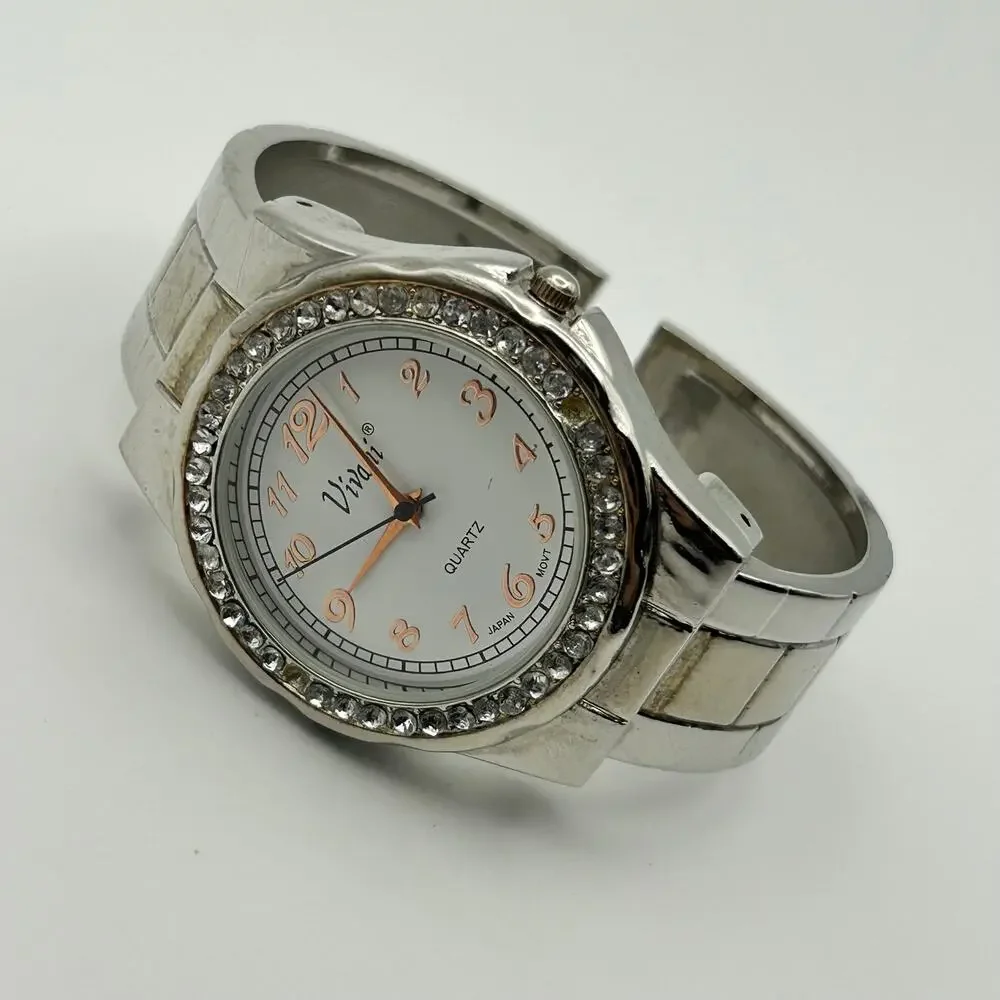 Vivani Two-tone Crystal Bezel Women’s Cuff Watch Working New Battery